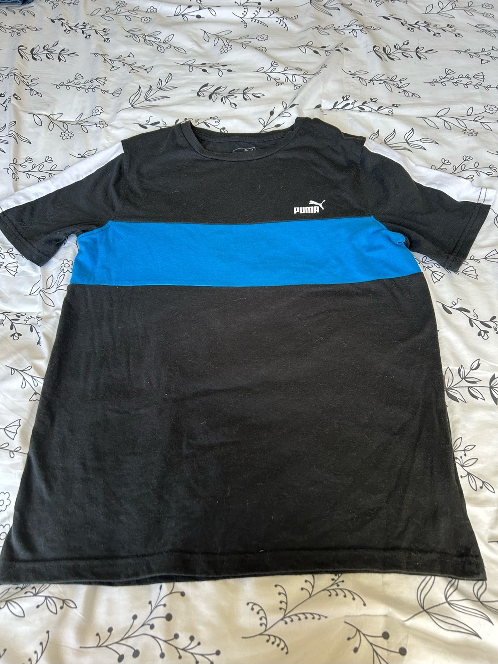 Puma Black Tee with Blue Chest Stripe and White Shoulder Accents